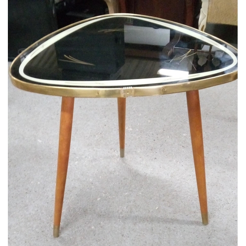 721 - A Mid Century Triangle Lamp Table with Spade Legs and Rounded Corners. Glass Topped with Black and G... 