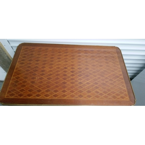 735 - A French Parquetry Inlaid Table with Embossed Copper Detailing and Drawer. 75cm H x 62cm W x 62cm D.