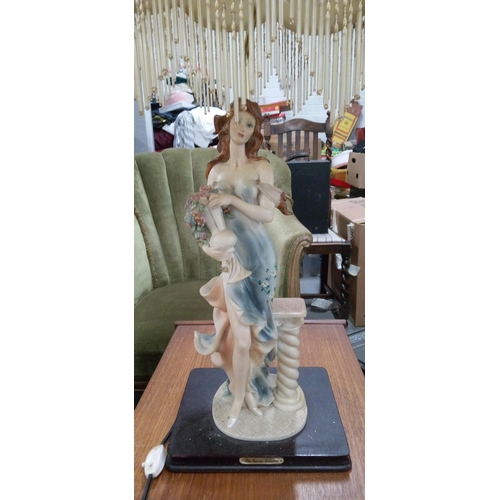 386 - A Lady Statue Table Lamp with Fringed Shade and a plaque with the 