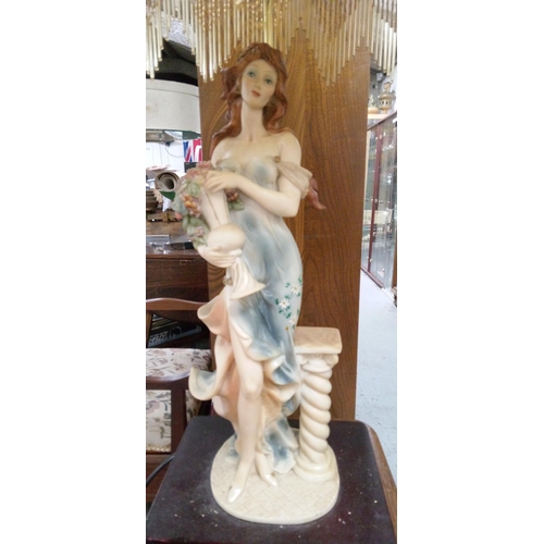 386 - A Lady Statue Table Lamp with Fringed Shade and a plaque with the 