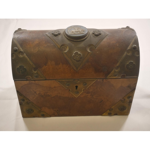 67 - A 19TH CENTURY DOME TOP WALNUT STATIONERY BOX, the hinged lid inset with circular panel depicting ch... 