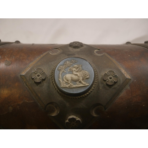 67 - A 19TH CENTURY DOME TOP WALNUT STATIONERY BOX, the hinged lid inset with circular panel depicting ch... 