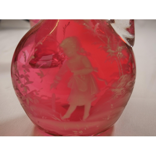 69 - A GROUP OF VICTORIAN CRANBERRY GLASS WARES, including eight pieces of Mary Gregory painted figure de... 