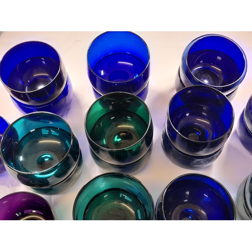 71 - A LARGE GROUP OF VINTAGE GLASS BOWLS, including emerald glass, amethyst glass and blue glass example... 