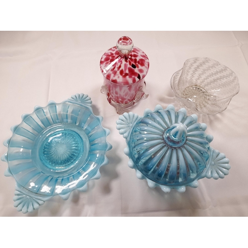 72 - A GROUP OF VINTAGE GLASS WARES, 19TH/20TH CENTURY, including a Bristol blue bowl on circular foot, c... 