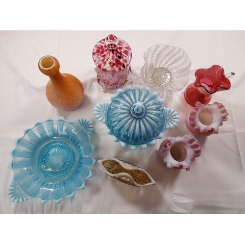 72 - A GROUP OF VINTAGE GLASS WARES, 19TH/20TH CENTURY, including a Bristol blue bowl on circular foot, c... 