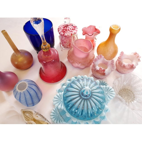 72 - A GROUP OF VINTAGE GLASS WARES, 19TH/20TH CENTURY, including a Bristol blue bowl on circular foot, c... 