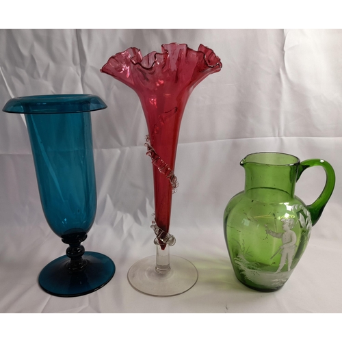 74 - A GROUP OF 19TH & 20TH CENTURY GLASS WARES, including a Mary Gregory jug with repair to handle, gilt... 