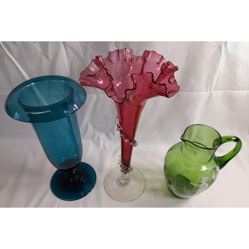 74 - A GROUP OF 19TH & 20TH CENTURY GLASS WARES, including a Mary Gregory jug with repair to handle, gilt... 