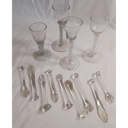 77 - FOUR GEORGIAN AIR TWIST STEMMED LIQUEUR GLASSES AND NINE GEORGIAN GLASS SUGAR CRUSHERS, all the liqu... 