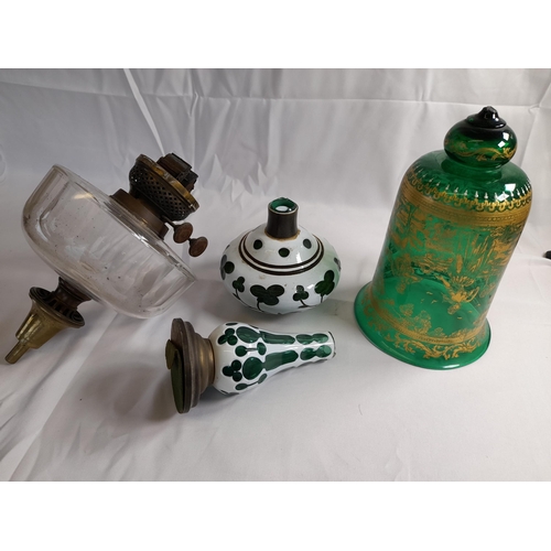 79 - A 19TH CENTURY OVERLAID GLASS OIL LAMP BASE AND OTHER GLASS LAMP RESERVOIRS AND FITTINGS, along with... 