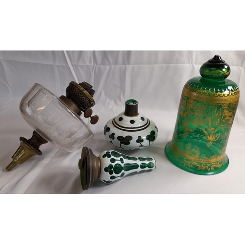 79 - A 19TH CENTURY OVERLAID GLASS OIL LAMP BASE AND OTHER GLASS LAMP RESERVOIRS AND FITTINGS, along with... 