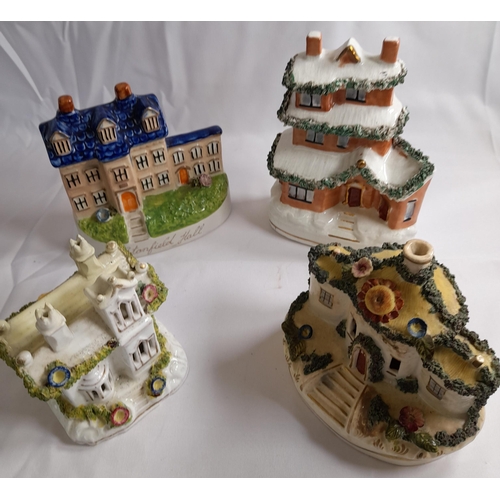 80 - A SELECTION OF STAFFORDSHIRE COTTAGE WARE MONEY BOXES, PASTEL BURNERS AND MODELS, predominantly 19th... 