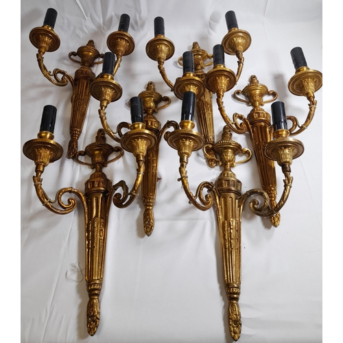 90 - THREE PAIRS OF 20TH CENTURY NEO CLASSICAL STYLE TWIN BRANCH WALL LIGHTS, by Christopher Hyde, the ta... 