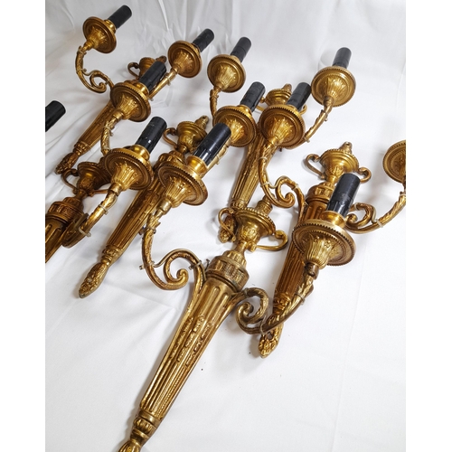 90 - THREE PAIRS OF 20TH CENTURY NEO CLASSICAL STYLE TWIN BRANCH WALL LIGHTS, by Christopher Hyde, the ta... 