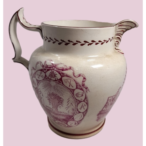 106 - AN EARLY 19TH CENTURY PEARL WARE HARVEST JUG, the transfer printed sides depicting harvest scenes an... 