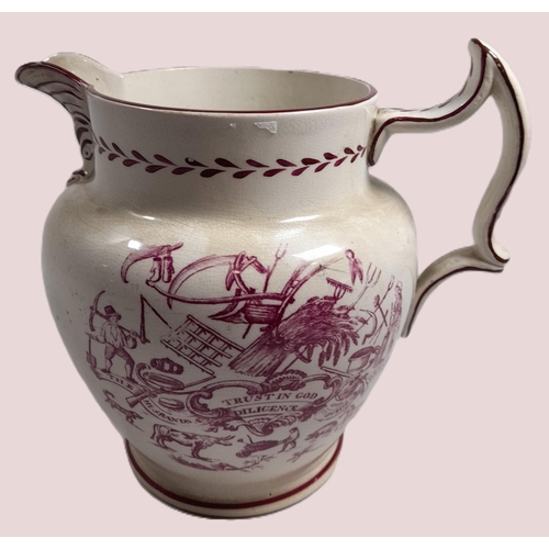 106 - AN EARLY 19TH CENTURY PEARL WARE HARVEST JUG, the transfer printed sides depicting harvest scenes an... 