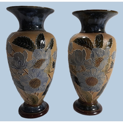 92 - A PAIR OF DOULTON SLATER FLORAL DECORATED BALUSTER VASES, along with a pair of Royal Doulton 'Natura... 