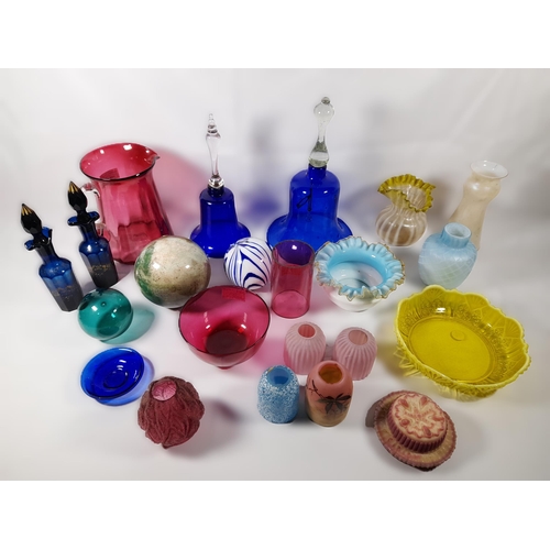 114 - A GROUP OF 19TH/20TH CENTURY COLOURED GLASS WARES, the lot includes a Victorian cranberry glass jug,... 