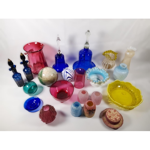 114 - A GROUP OF 19TH/20TH CENTURY COLOURED GLASS WARES, the lot includes a Victorian cranberry glass jug,... 