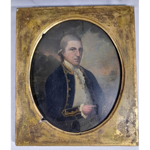 120 - AN EARLY 19TH CENTURY OIL PAINTING ON BOARD OF JAMES SCOTT, depicted leaning against a cannon in nav... 