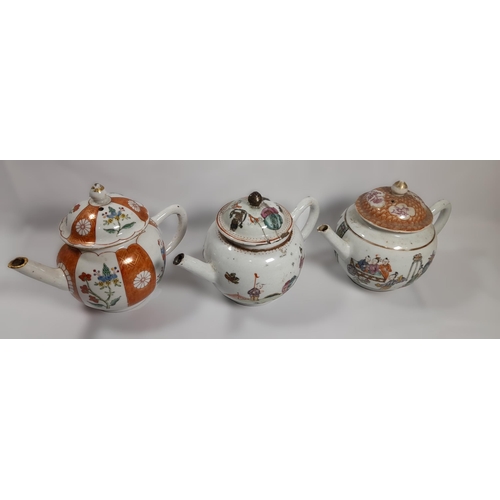 93 - THREE CHINESE EXPORT TEAPOTS, LATE 18TH / EARLY 19TH CENTURY, all with polychrome painted sides with... 