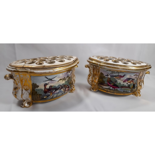 99 - A PAIR OF EARLY 19TH CENTURY DERBY BOUGH POTS, bombe form, the sides painted with birds and ducks in... 