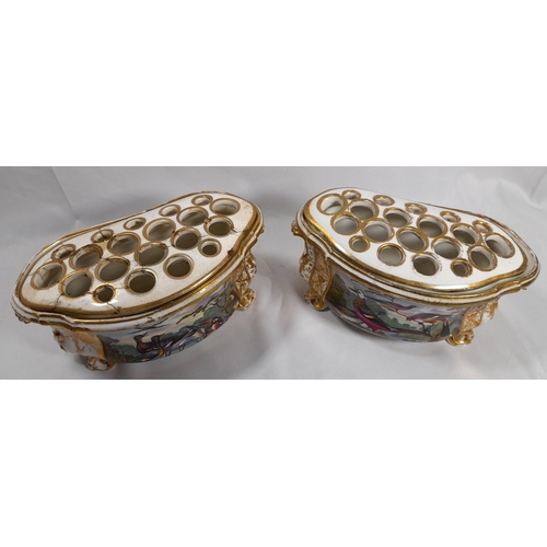 99 - A PAIR OF EARLY 19TH CENTURY DERBY BOUGH POTS, bombe form, the sides painted with birds and ducks in... 