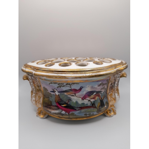 99 - A PAIR OF EARLY 19TH CENTURY DERBY BOUGH POTS, bombe form, the sides painted with birds and ducks in... 