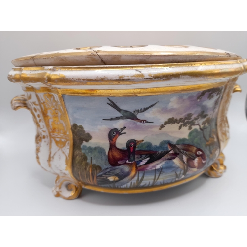 99 - A PAIR OF EARLY 19TH CENTURY DERBY BOUGH POTS, bombe form, the sides painted with birds and ducks in... 