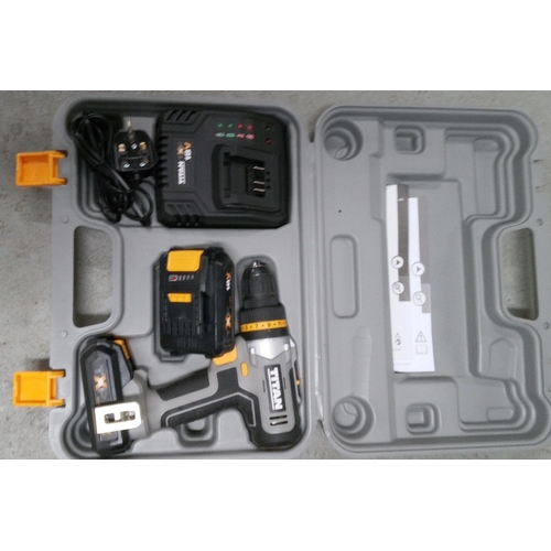 158 - Titan 18V Cordless Drill with 2 Batteries, Charger and Carry Case.