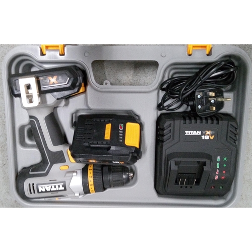 158 - Titan 18V Cordless Drill with 2 Batteries, Charger and Carry Case.