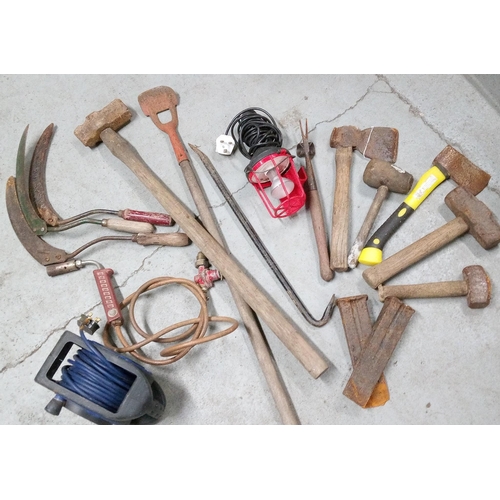 209 - A Bucket of Mixed Tools Including Inspection Light, Gas Burner Attachment and Much More.