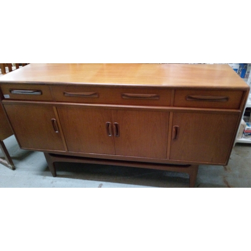 723 - Mid Century 3 Drawer, 4 Cupboard Sideboard with Wooden Handle. 85cm x 150cm x 66cm.