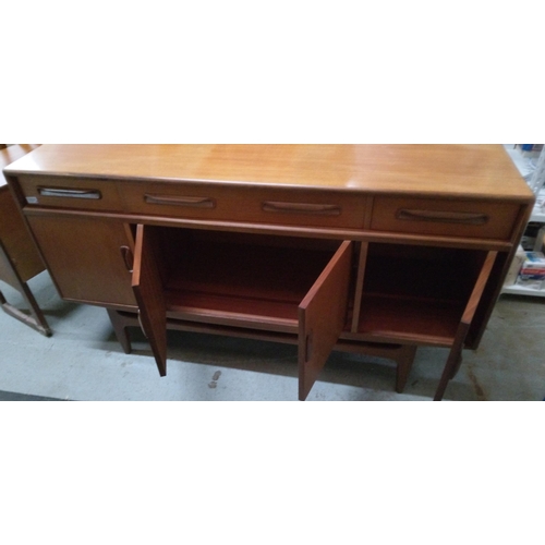 723 - Mid Century 3 Drawer, 4 Cupboard Sideboard with Wooden Handle. 85cm x 150cm x 66cm.