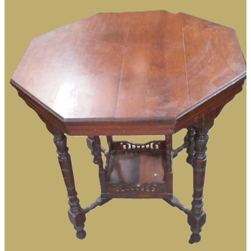 749 - An Antique Hexagonal Table with Lower Shelf, Carved Detailing and Turned Legs. 73cm H x 74cm W x 74c... 