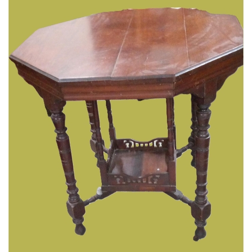 749 - An Antique Hexagonal Table with Lower Shelf, Carved Detailing and Turned Legs. 73cm H x 74cm W x 74c... 