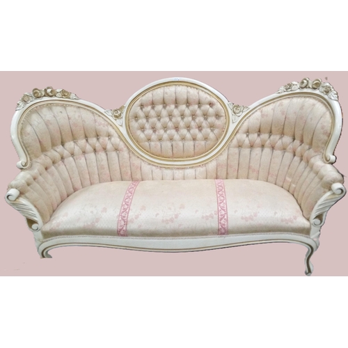 753 - A Victorian Style Sofa with Carved Details in Cream and White. 101cm H x 175cm W x 70cm.