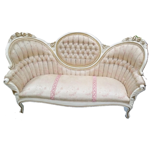 753 - A Victorian Style Sofa with Carved Details in Cream and White. 101cm H x 175cm W x 70cm.