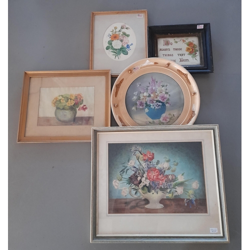 118 - THREE VINTAGE FLORAL STILL LIFE WATER COLOURS, along with a circular framed floral still life oil pa... 