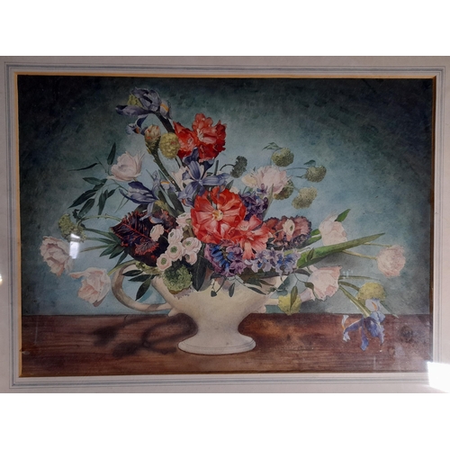 118 - THREE VINTAGE FLORAL STILL LIFE WATER COLOURS, along with a circular framed floral still life oil pa... 