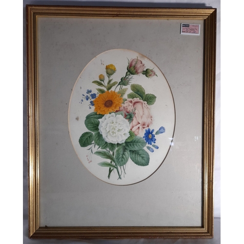 118 - THREE VINTAGE FLORAL STILL LIFE WATER COLOURS, along with a circular framed floral still life oil pa... 