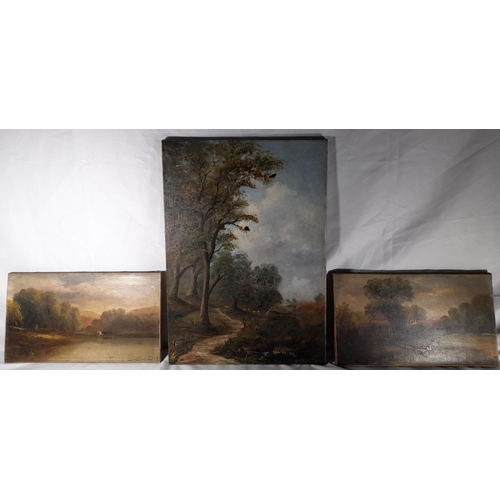 121 - A PAIR OF 19TH CENTURY RURAL SCENE OIL PAINTINGS ON CANVAS, along with a larger rural oil painting (... 