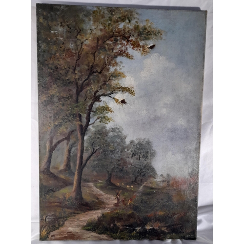 121 - A PAIR OF 19TH CENTURY RURAL SCENE OIL PAINTINGS ON CANVAS, along with a larger rural oil painting (... 