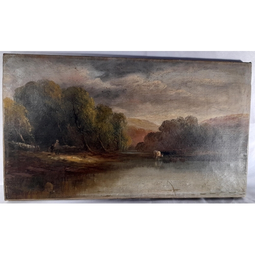 121 - A PAIR OF 19TH CENTURY RURAL SCENE OIL PAINTINGS ON CANVAS, along with a larger rural oil painting (... 