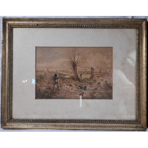 123 - IN THE MANNER OF H. ALKEN, TWO 19TH CENTURY HUNTING SCENE WATER COLOURS, entitled 'Snipe Shooting' a... 