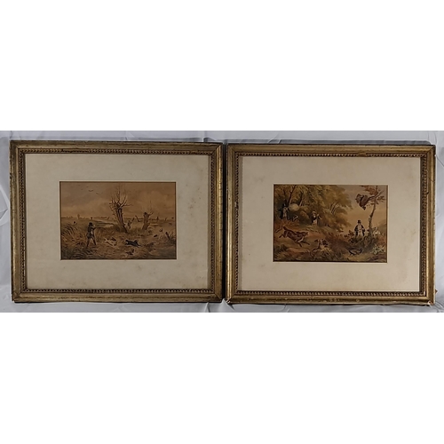 123 - IN THE MANNER OF H. ALKEN, TWO 19TH CENTURY HUNTING SCENE WATER COLOURS, entitled 'Snipe Shooting' a... 