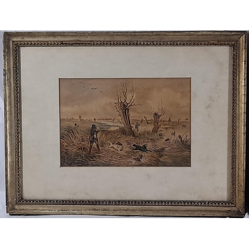 123 - IN THE MANNER OF H. ALKEN, TWO 19TH CENTURY HUNTING SCENE WATER COLOURS, entitled 'Snipe Shooting' a... 