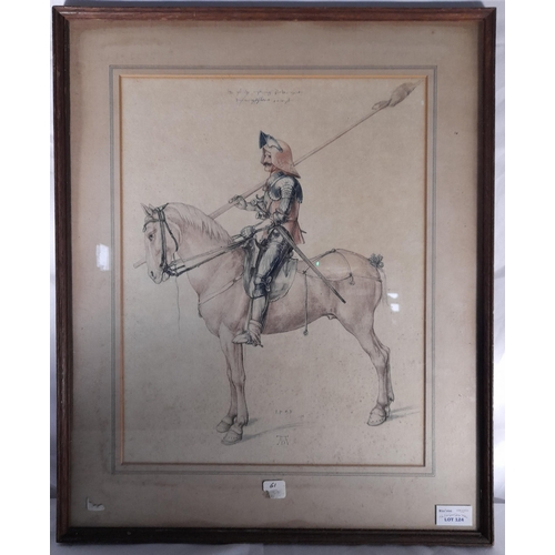 124 - A WATER COLOUR OF CAVALRYMAN ON HORSEBACK, along with a hand coloured print of Sir Walter Hungerford... 