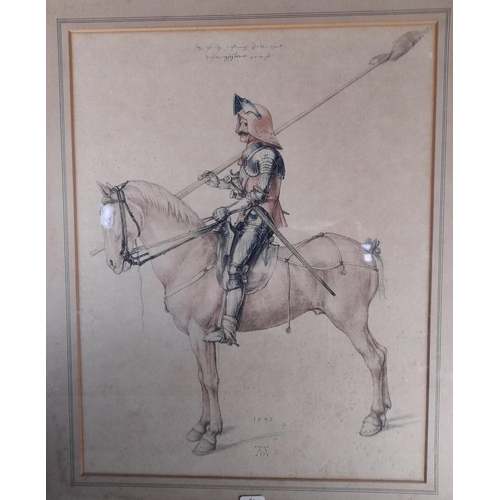 124 - A WATER COLOUR OF CAVALRYMAN ON HORSEBACK, along with a hand coloured print of Sir Walter Hungerford... 